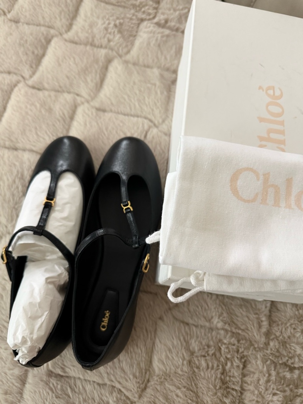 Chloé Black Leather T-Bar Flats with Gold Buckle